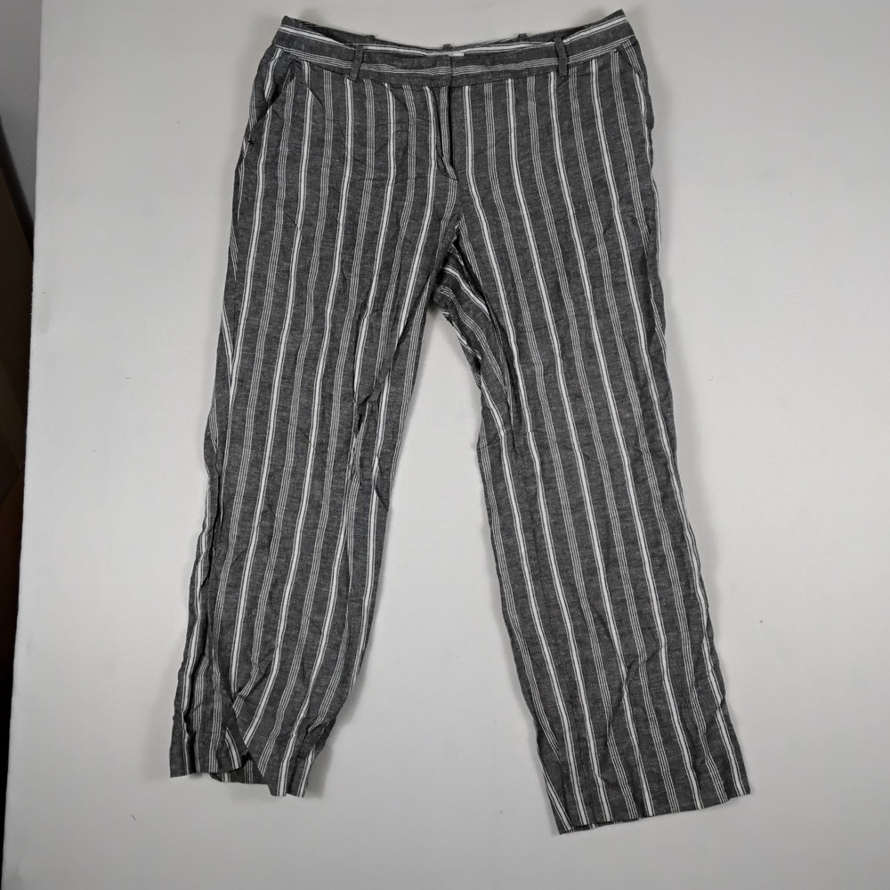 Liz Claiborne Classic Straight Leg Pants Gray White Stripe Cotton Linen Sz 16